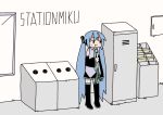  1girl :t blue_hair detached_sleeves eating hatsune_miku highres icon_315 locker long_hair necktie sleeveless solo spring_onion thigh-highs twintails very_long_hair vocaloid 