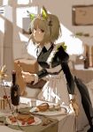  1girl akira12504 alternate_costume animal_ear_fluff animal_ears apron arknights black_dress blurry blurry_background bottle breasts brown_eyes brown_hair depth_of_field dress enmaided food fork frilled_apron frills highres holding holding_fork indoors juliet_sleeves kal&#039;tsit_(arknights) long_sleeves looking_at_viewer maid medium_breasts parted_lips plate puffy_sleeves sketch solo table white_apron wine_bottle 