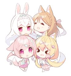  &gt;_&lt; 4girls :d amamiya_aki amamiya_mei animal_ears bangs blonde_hair blue_jacket blush braid brown_hair chibi collared_shirt commentary cynthia_riddle fox_ears fox_girl fox_tail hair_between_eyes jacket long_hair long_sleeves lowres milia_leclerc mofu-mofu_after_school mofumofu_channel multiple_girls necktie one_side_up open_clothes open_jacket outstretched_arm p19 pink_eyes pink_hair pink_necktie pink_skirt pleated_skirt rabbit_ears shirt simple_background skirt sleeves_past_wrists smile symbol-only_commentary tail very_long_hair white_background white_hair white_shirt xd 