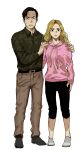  1boy 1girl absurdres belt better_call_saul blonde_hair couple full_body green_shirt hands_on_another&#039;s_shoulders highres kim_wexler ma2_ereki pants pink_sweater saul_goodman scared shirt shoes surprised sweat sweater track_pants 