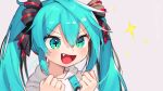  1girl :d aqua_eyes aqua_hair blush commentary_request fang gunjou_row hair_between_eyes hair_ribbon hatsune_miku long_hair ribbon signature smile solo sparkle symbol-shaped_pupils twintails vocaloid 