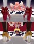  4girls absurdly_long_hair angel_wings black_background blonde_hair bow charlotte_(madoka_magica) drill_hair dual_persona goddess_madoka high_heels highres kaname_madoka kneeling long_hair magical_girl mahou_shoujo_madoka_magica mami_mogu_mogu multiple_girls pink_hair pinlin praying puzzle_piece red_background split_screen tomoe_mami twin_drills two_side_up very_long_hair white_bow wings 