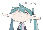  1girl ahoge aqua_hair blush_stickers cheek_bulge chibi closed_eyes commentary detached_sleeves eating english_text hatsune_miku highres icon_315 long_hair necktie sleeveless solo spring_onion twintails vocaloid white_background 