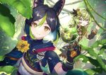  1boy 1girl animal_ear_fluff animal_ears black_gloves collei_(genshin_impact) commentary_request fantasy fox_boy fox_ears genshin_impact gloves gradient_hair green_eyes green_hair hair_between_eyes highres ina_(t_play1125) jungle leaf looking_at_viewer multicolored_hair nature plant short_hair streaked_hair tighnari_(genshin_impact) vines violet_eyes 