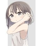  1girl :o armpit_crease blush_stickers brown_eyes brown_hair character_request commentary copyright_request highres icon_315 medium_hair mole mole_under_eye simple_background solo sweat tank_top upper_body 