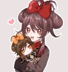  1girl :&lt; alternate_hairstyle bangs black_gloves black_hair black_nails blush bow brown_hair chinese_clothes cinnamiku coat collared_shirt colored_tips crossover diamond-shaped_pupils diamond_(shape) double_bun eyeliner eyeshadow flower-shaped_pupils formal genshin_impact gloves gradient_hair hair_between_eyes hair_bow hair_bun heart highres hu_tao_(genshin_impact) jacket jewelry long_hair long_sleeves looking_at_viewer makeup multicolored_hair necktie open_mouth red_eyes red_eyeshadow red_shirt ring shirt simple_background smile suit sushi_171 symbol-shaped_pupils vest yellow_eyes zhongli_(genshin_impact) 