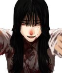  1girl black_hair blood blood_on_clothes blood_on_face blood_splatter blurry blurry_foreground depth_of_field grey_eyes highres hoshi_san_3 lanyard long_hair looking_at_viewer original reaching_out simple_background smile solo upper_body white_background yamifuka-san_(hoshi_san_3) 