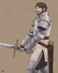  1boy armor beard brown_background brown_eyes brown_hair facial_hair gauntlets guildus_winzalf_burn highres holding holding_sword holding_weapon male_focus mustache sheath simple_background solo standing sword tactics_ogre weapon windcaller 