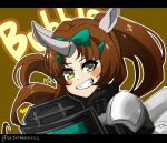  1girl absurdres animal_ears arknights armor artist_request bangs blush_stickers brown_hair bubble_(arknights) character_name full_body grey_eyes highres horns long_hair looking_at_viewer non-web_source pauldrons rhinoceros_girl shoulder_armor single_horn smile solo source_request tail 