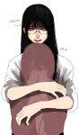  2girls black_hair covering_face embarrassed glasses grey_eyes height height_difference highres hoshi_san_3 hug hug_from_behind long_hair looking_at_viewer mole mole_under_eye mole_under_mouth multiple_girls original parted_lips shirt simple_background smile solo_focus white_background white_shirt yamifuka-san_(hoshi_san_3) yuri 