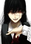  1girl :d ascot black_hair black_vest chainsaw_man hand_on_own_chest highres hoshi_san_3 long_hair long_sleeves looking_at_viewer mitaka_asa open_mouth red_ascot red_eyes scar scar_on_cheek scar_on_face shirt simple_background smile solo vest war_devil_(chainsaw_man) white_background white_shirt 