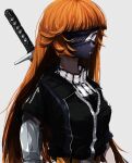  1girl absurdres bandages blue_eyes eyelashes eyepatch gauntlets highres jacket looking_at_viewer mask orange_hair original partially_unzipped rakugaki_choo simple_background solo sword sword_on_back upper_body weapon weapon_on_back white_background 