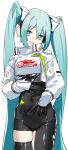  1girl aqua_eyes aqua_hair black_gloves closed_navel cropped_jacket gloves goodsmile_racing hand_on_own_stomach hatsune_miku headgear headphones highres jacket logo long_hair open_mouth racequeen racing_miku racing_miku_(2022) rsk_(tbhono) single_thighhigh solo thigh-highs twintails very_long_hair vocaloid white_jacket 