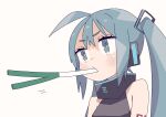  1girl ahoge blue_eyes blue_hair blush eating hatsune_miku highres icon_315 long_hair simple_background sleeveless solo spring_onion twintails vocaloid 