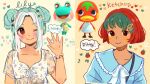  2girls animal_crossing ariamisu blonde_hair bracelet breasts character_name commentary cowboy_shot english_commentary eyes_visible_through_hair floral_print food green_hair jewelry ketchup_(animal_crossing) lily_(animal_crossing) looking_at_viewer medium_hair multiple_girls multiple_views open_mouth personification redhead rose_print short_twintails shorts simple_background twintails upper_body 