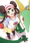  1girl :d black_pantyhose bow breasts bright_pupils brown_hair collarbone commentary_request double_bun green_eyes hair_bun highres holding holding_poke_ball legwear_under_shorts long_hair looking_at_viewer open_mouth pantyhose pink_bow poke_ball poke_ball_(basic) pokemon pokemon_(creature) pokemon_(game) pokemon_bw2 raglan_sleeves rosa_(pokemon) serperior shirt shoes short_shorts shorts smile sneakers standing twintails visor_cap white_pupils yaaben yellow_shorts 