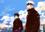  2boys bangs bird black_blindfold black_jacket blindfold blue_eyes blue_sky buttons closed_mouth clouds commentary_request day f_rabbit fushiguro_megumi gojou_satoru hair_between_eyes high_collar jacket jujutsu_kaisen long_sleeves looking_at_another male_focus multiple_boys outdoors school_uniform seagull short_hair sky smile spiky_hair standing white_hair 