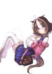  aaroza absurdres ahoge animal_ears ascot bag breasts brown_hair frilled_ascot frills gloves hairband hands_on_own_breasts hands_on_own_chest high_heels highres horse_ears horse_girl horse_tail large_breasts meisho_doto_(umamusume) pantyhose pink_hairband short_hair shoulder_bag sitting sweater tail umamusume violet_eyes white_background white_gloves white_hair white_pantyhose 