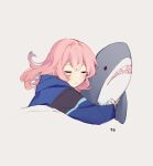  1girl alternate_hairstyle arknights blue_jacket blue_nails blue_poison_(arknights) blush closed_eyes dailybloopy highres ikea_shark jacket long_hair long_sleeves numbered object_hug pink_hair simple_background solo straight_hair stuffed_animal stuffed_shark stuffed_toy under_covers upper_body white_background 