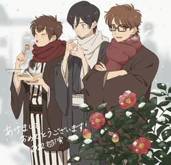  3boys ace_of_diamond black-framed_eyewear black_hair blush brown_hair brown_kimono crossed_arms cup dangomochi2 day disposable_cup eating flower furuya_satoru glasses grey_kimono hatsumoude highres japanese_clothes kimono miyuki_kazuya multiple_boys outdoors red_scarf sawamura_eijun scarf short_hair smile snow standing steam white_scarf 