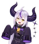  1girl :d ahoge black_coat black_horns blush braid braided_bangs buttons coat collar cowboy_shot demon_girl demon_horns fangs grey_hair hair_between_eyes highres hololive horns la+_darknesss long_hair long_sleeves looking_at_viewer multicolored_hair neckerchief open_mouth pointy_ears purple_hair purple_horns shoron simple_background sleeves_past_fingers sleeves_past_wrists slit_pupils smile solo streaked_hair striped_horns tail trench_coat very_long_hair virtual_youtuber white_background yellow_eyes yellow_neckerchief 