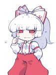 1girl bow buttons collared_shirt fried_rice0614 fujiwara_no_mokou hair_bow highres long_hair long_sleeves one-hour_drawing_challenge pants ponytail red_eyes red_pants shirt simple_background solo touhou white_background white_bow white_hair white_shirt 