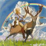  1boy akihare animal bangs bird boots brown_footwear brown_gloves brown_pants clouds day deer earrings fingerless_gloves gloves grass highres jewelry knee_boots link long_hair long_sleeves looking_to_the_side pants pointy_ears ponytail rainbow riding short_sleeves sitting solo the_legend_of_zelda the_legend_of_zelda:_breath_of_the_wild tower translation_request 
