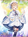  1boy blonde_hair choker closed_mouth feathers hat highres hymenaios_(otogi:spirit_agents) kneehighs legwear_garter long_sleeves male_focus music official_art open_mouth otogi:spirit_agents oversized_clothes second-party_source short_hair shorts singing socks solo suzaku_(zaku6584) white_feathers 