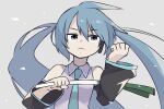  1girl blue_eyes blue_hair detached_sleeves hatsune_miku headphones icon_315 long_hair necktie simple_background sleeveless solo spring_onion twintails upper_body vocaloid 