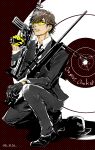  1boy absurdres ace_of_diamond black_necktie black_pants black_suit cigarette esuki_(eskifgo) formal gloves gun hair_between_eyes hat hat_removed headwear_removed highres looking_at_viewer machine_gun male_focus miyuki_kazuya mouth_hold necktie one_knee pants rifle sniper_rifle solo suit tinted_eyewear twitter_username weapon yellow_gloves 