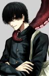  1boy bag black_eyes black_hair black_jacket chainsaw_man crossed_arms ear_piercing earrings grey_background highres hoshi_san_3 jacket jewelry looking_at_viewer male_focus mole mole_under_mouth parted_lips piercing shoulder_bag simple_background smile solo tentacles yoshida_hirofumi 