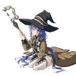  1girl blue_eyes blue_hair braid brown_robe chubb closed_mouth dress hat highres long_hair long_sleeves looking_at_viewer mushoku_tensei robe roxy_migurdia simple_background sitting solo staff thigh-highs twin_braids white_background white_dress witch_hat 