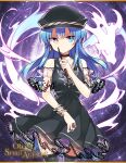  1girl azi_dahaka_(otogi:spirit_agents) black_dress blue_eyes blue_hair bracelet dress heterochromia jewelry kiya_machi long_hair looking_at_viewer off-shoulder_dress off_shoulder official_art otogi:spirit_agents ring second-party_source solo thigh-highs violet_eyes 