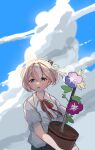  1girl blue_eyes blue_sky clouds commentary_request dress_shirt flower kantai_collection kaomoji_(sagor00237) morning_glory neck_ribbon pink_hair plant ponytail potted_plant red_ribbon ribbon shiranui_(kancolle) shirt short_hair sky solo upper_body white_shirt 