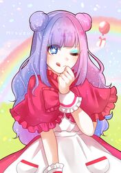  +_+ 1girl :&gt; animal_crossing animal_ears apron artist_request bear_ears bear_girl blue_hair commentary_request gradient_hair highres judy_(animal_crossing) multicolored_hair non-web_source personification pink_skirt purple_hair skirt smile solo source_request upper_body v waist_apron 