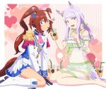  2girls absurdres blue_eyes boots breasts brown_hair collarbone commentary_request drinking_straw hangaku_souzai highres horse_girl looking_at_viewer mejiro_mcqueen_(ripple_fairlady)_(umamusume) mejiro_mcqueen_(umamusume) multiple_girls open_mouth ponytail seiza sitting small_breasts sweatdrop thigh_boots tokai_teio_(umamusume) umamusume uniform violet_eyes 