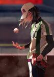  1boy baseball baseball_cap baseball_mitt baseball_uniform black_hair blurry blurry_background hand_on_hip hat highres lam_(ramdayo) looking_at_viewer male_focus medium_hair nijisanji solo sportswear standing virtual_youtuber yashiro_kizuku 