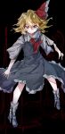  +_+ 1girl ascot bangs black_background black_dress blonde_hair closed_mouth collared_shirt commentary_request dress frilled_dress frills full_body grey_footwear hair_between_eyes highres long_sleeves looking_at_viewer mary_janes pinafore_dress red_ascot red_eyes rumia shirt shoes short_hair smile socks solo touhou vivo_(vivo_sun_0222) white_shirt white_socks 