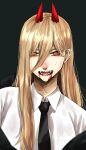  +_+ 1girl black_necktie blonde_hair blood blood_on_face chainsaw_man collared_shirt fangs hair_between_eyes highres horns hoshi_san_3 long_hair looking_at_viewer necktie open_mouth power_(chainsaw_man) red_eyes sharp_teeth shirt solo teeth upper_body white_shirt wing_collar 