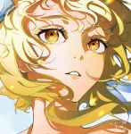  1girl absurdres bangs blonde_hair commentary english_commentary genshin_impact highres kumah_dessu lips lumine_(genshin_impact) parted_lips short_hair_with_long_locks solo wind yellow_eyes 