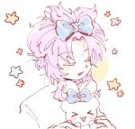  &gt;_&lt; &gt;w&lt; 1boy alternate_hairstyle bangs blue_bow bow cinnamoroll closed_eyes colored_eyelashes commentary_request hair_bow hatsutori_hajime holding korean_commentary open_mouth parted_bangs pink_hair saibou_shinkyoku sanrio shirt simple_background sketch smile star_(symbol) tied_ears white_shirt yongluki 