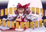  1girl ahoge ascot bow brown_eyes brown_hair chinese_commentary closed_mouth commentary detached_sleeves eyebrows_hidden_by_hair fingernails floating_hair frilled_bow frilled_hair_tubes frills frown hair_bow hair_tubes hakurei_reimu highres long_hair looking_at_viewer midriff nail_polish navel neet_xing outstretched_arms ponytail red_bow red_nails red_skirt red_vest ribbon-trimmed_sleeves ribbon_trim skirt skirt_set solo talisman touhou upper_body very_long_hair vest white_sleeves wide_sleeves yellow_ascot 