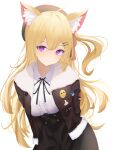  1girl absurdres ahoge animal_ear_fluff animal_ears arms_behind_back bangs beret blonde_hair blush bomber_jacket center_frills collared_shirt daily_(daily178900) frills fur-trimmed_jacket fur_trim hair_ornament hairclip hat high-waist_skirt highres indie_virtual_youtuber jacket long_hair neck_ribbon one_side_up patch ribbon shirt skirt smile sol_hms solo very_long_hair violet_eyes 