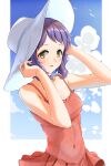  1girl bangs bird blue_sky blush breasts clouds commentary covered_navel day floral_print hands_up hat highres holding holding_clothes holding_hat idolmaster idolmaster_million_live! kaiso_(kaisooekaki) looking_at_viewer makabe_mizuki outdoors purple_hair red_swimsuit short_hair sidelocks sky small_breasts smile solo sun_hat swimsuit swimsuit_skirt upper_body white_headwear yellow_eyes 