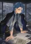  1boy absurdres bangs belt_chain blue_hair blush book book_stack clouds cloudy_sky desk ensemble_stars! frown highres himeru_(ensemble_stars!) jacket jacket_on_shoulders kimey lightning male_focus necktie newspaper office paper parted_bangs plant short_hair sky sleeves_rolled_up solo storm suspenders tie_clip v-shaped_eyebrows watch watch window yellow_eyes 
