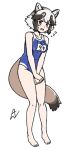  1girl acesrulez alternate_costume animal_ears bare_arms bare_legs bare_shoulders barefoot blue_swimsuit blush brown_hair commentary_request embarrassed extra_ears flying_sweatdrops full_body kemono_friends multicolored_hair name_tag raccoon_ears raccoon_girl raccoon_tail school_swimsuit short_hair solo sweatdrop swimsuit tail tanuki_(kemono_friends) two-tone_hair two-tone_swimsuit white_hair 