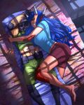  1girl bangs bare_arms bare_legs barefoot blue_hair blue_shirt cacodemon commentary cyclops dakimakura_(object) doom_(series) doomguy drooling grin highres horns long_hair lying monster_girl mouth_drool multiple_horns object_hug on_side one-eyed pillow pillow_hug pointy_ears shirt short_sleeves shorts sleeping smile solo substance20 