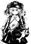  1341398tkrtr 1girl backpack bag bangs closed_mouth facing_viewer flat_cap hair_bobbles hair_ornament hat high_contrast highres holding holding_wrench kawashiro_nitori key long_sleeves looking_at_viewer monochrome short_hair simple_background skirt solo touhou two_side_up wrench 