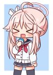  &gt;_&lt; 1girl :d ahoge bangs black_sailor_collar black_skirt black_thighhighs blue_archive blue_background blush cardigan chibi closed_eyes drinking_straw facing_viewer halo hana_kazari hand_up highres holding long_sleeves milk_carton natsu_(blue_archive) neckerchief pink_hair pleated_skirt puffy_long_sleeves puffy_sleeves red_neckerchief sailor_collar side_ponytail skirt sleeves_past_wrists smile solo thigh-highs two-tone_background white_background white_cardigan xd 