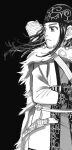  1girl ainu ainu_clothes asirpa bandana belt black_background black_hair cape crossed_arms dagger earrings fur_cape golden_kamuy greyscale highres hoop_earrings jewelry knife long_hair looking_to_the_side monochrome noda_satoru official_art profile quiver simple_background solo third-party_source upper_body weapon white_cape 